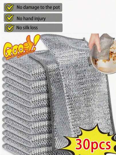 每包30片/20片/2片，金属百洁布，耐刮擦钢丝绒海绵，多用途金属丝洗碗刷，易于冲洗，可重复使用，金属丝清洁布，用于清洁厨房水槽、锅具、餐具和电器、水槽、台面、炉灶，可重复使用的厨房清洁毛巾，洗碗布，不掉毛