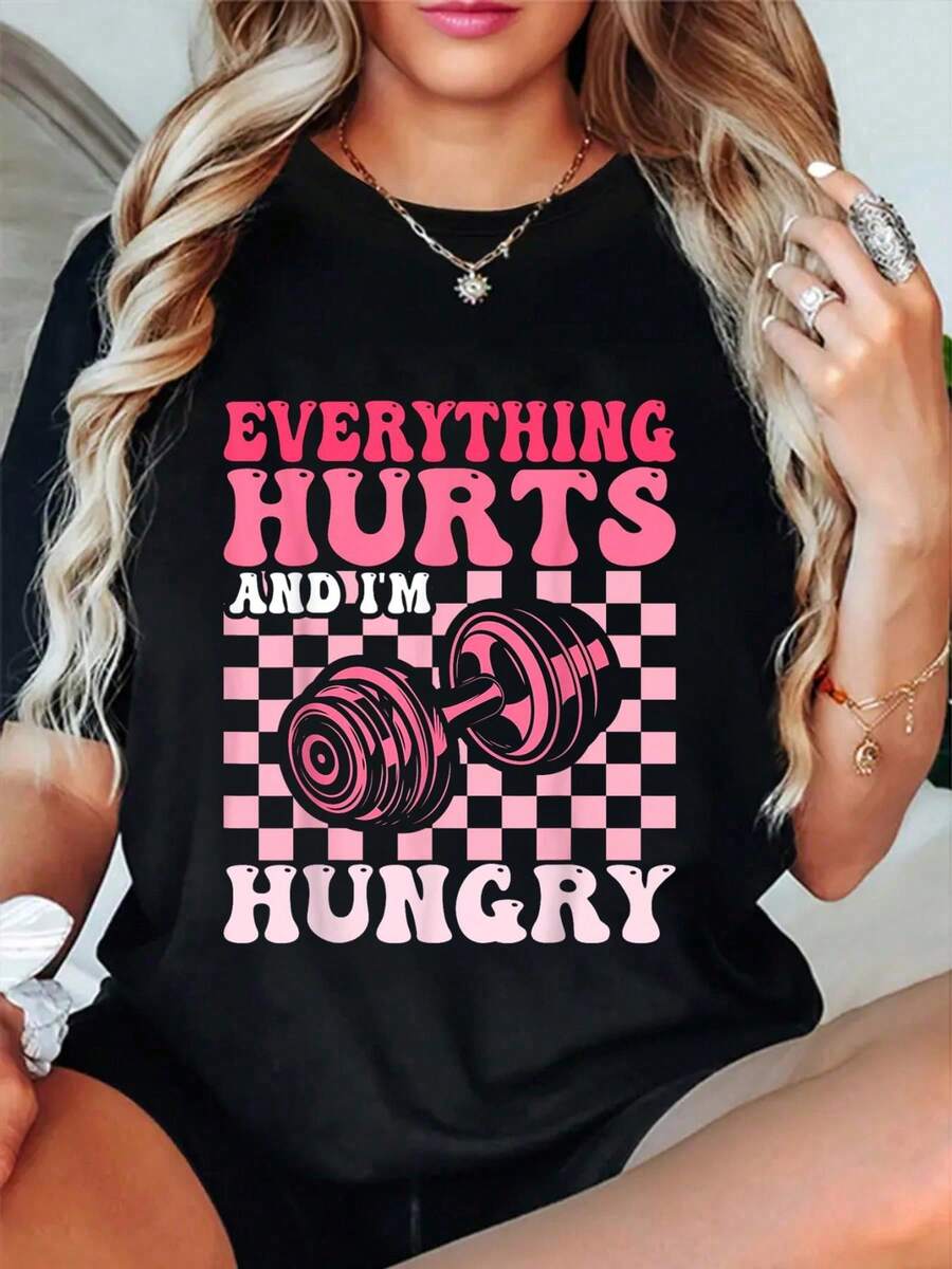 100% Cotton Everything Hurts And I'm Hungry Funny Workout Gym Fitness T-Shirt - 黑色 - 查看 1