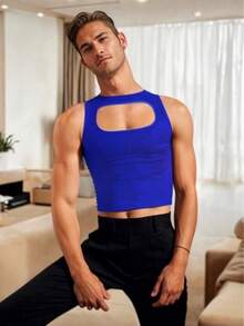 Playera Asimetrica Ajustada de Hombros Descubiertos con Abertura en Pecho para Hombre - Azul - Ver 2