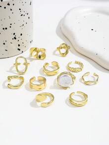 11 Peças Anéis de Moda Oversized de Forma Geométrica Suave, Anéis Femininos Clássicos de Estilo Retrô Vintage na Cor Dourada - Dourado - Visão 5