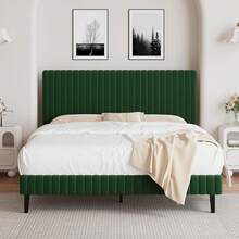 Queen Bed Frame, Upholstered Bed Frame With Headboard And Footboard, Vertical Channel Tufted Headboard, White/ Black/ Pink/ Green/ Blue, Twin/ Full/ Queen/ King - màu xanh lá - Xem 15
