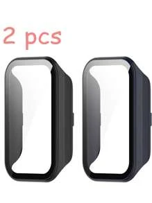 Pacote com 2 capas rígidas de PC para smartwatch Xiao Mi Smart Band 8 Active, protetor de tela de vidro temperado completo, capa protetora anti-goma para Mi Band 8 Active e Xiao Mi Redmi Band 2. A capa rígida de PC protege o relógio contra danos em esportes ao ar livre, uso diário e outros acessórios para cenas, homens e mulheres.