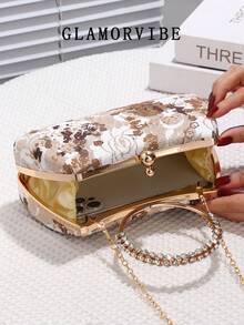 1pc Fashion Embroidered Evening Bag, Paired With Luxury Rhinestone Circle Wrist Strap, Sparkling Clutch With Vintage Elements, Detachable Metal Chain, Suitable For Wedding, Party, Banquet, Ball, Women's Gift, Formal Dress Accessory, Cosmetics Bag - Gold - View 9