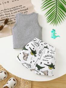 BrownBark 2pcs Baby Boys' Soft & Comfortable Casual Outfit, Sleeveless Crew Neck Cute Dinosaur Pattern Vest & Shorts Set, Lively & Adorable Style Suitable For Summer Outings