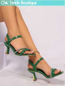 Women's High Heel Open Toe Non-Slip Sole Rhinestone Decor Slingback Sandals, Square Toe Green, Fashion Party Shoes, Suitable For Holidays, Beaches And Comfort - Green - View 2