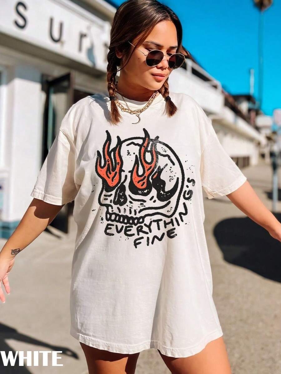 Everything Is Fine Shirt, Retro Grunge Tshirt, Boho Hippie Shirt, Funny Skeleton Shirt, Festival Shirt, Vintage Rebel Tee, Y2k Woman Teen Girls Tee,Vintage Print Top, Funny Cute Graphic Letter Tee Crew Neck Pop Cool Summer T Shirt Short Sleeve Top,Animal Fruite Pet Pattern, Women Graphic T-Shirt,Gifts, Women's Clothing, Cartoon And Letter Printing, Comfortable Cotton Material, Skin Friendly, Soft And Cool, Spring Summer Women's T-Shirt Clothing - 設計1白色 - 查看 1