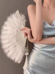 1pc Retro Foldable Feather Hand Fan, Elegant Classical Dance Costume Fan For Performance, Victorian Style Girly Fan Halloween Halloween Accessories - White - View 7