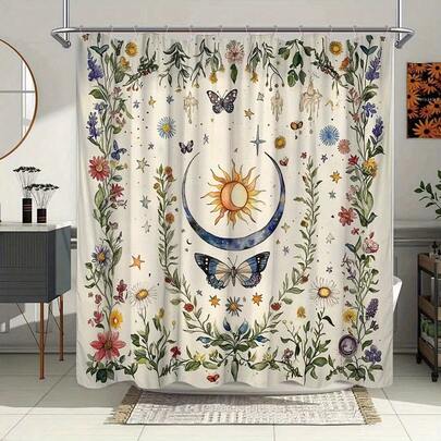 1pc Star Sky & Plant Pattern Shower Curtain - Sun, Moon, Butterfly & Floral Motifs, Polyester Fabric, Comes With 12 Hooks, Vibrant Colors, Retro Style Bathroom Decor, Shower Curtain