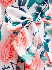 Girls' Sweet Puff Sleeve Floral Print Princess Dress, Cute Wedding Party Flower Girl Dress With Big Bow, Knee-Length