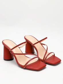 Women's Minimalist Square Toe Chunky Heel Strap Open Toe High Heel Sandals, New Summer Versatile Sexy Backless Holiday Party Formal Heels - Burgundy - View 2