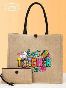 2pcs/Set Handbags, Beach Bags, Gift Bags, Shopping Bags, Homework Bags Sister Handbags, Best Gifts For Family, Relatives, Nurses, Teachers, Sisters, Besties And Classmates, Valentine's Day Gifts, Birthday Gifts, Music Festival Gifts Portable Handbags, Multi-Function Shopping Bags, Large Capacity, Perfect Choice For Party Travel, Suitable For Commuting To Work, School, Beach Vacation, Graduation Gifts, Fashion Items - Khaki - View 4