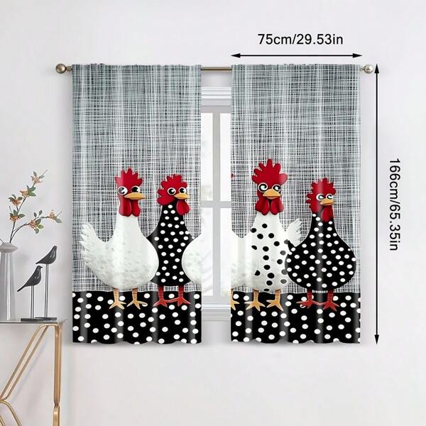 2 stuks polyester gordijnen met roedezakken in boerderijstijl met haanpatroon voor slaapkamer, woonkamer en kantoor - decoratie met dierenthema, geschikt voor seizoensgebonden gebruik, machinewasbaar, kleurvast, 90 g/m² stofgewicht