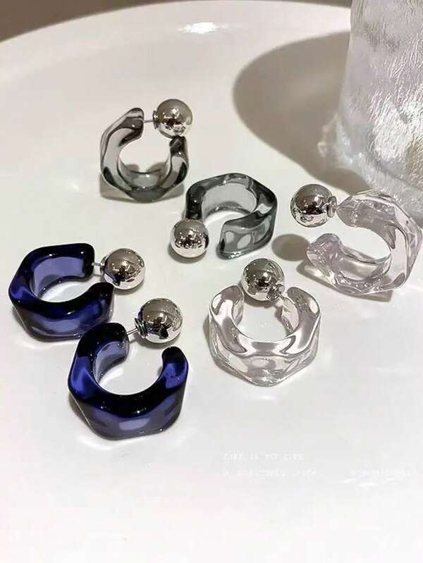 1 Pair Asymmetrical Geometric Acrylic Resin C-Shaped Earrings, Transparent Grey Earrings Suitable For Daily Wear