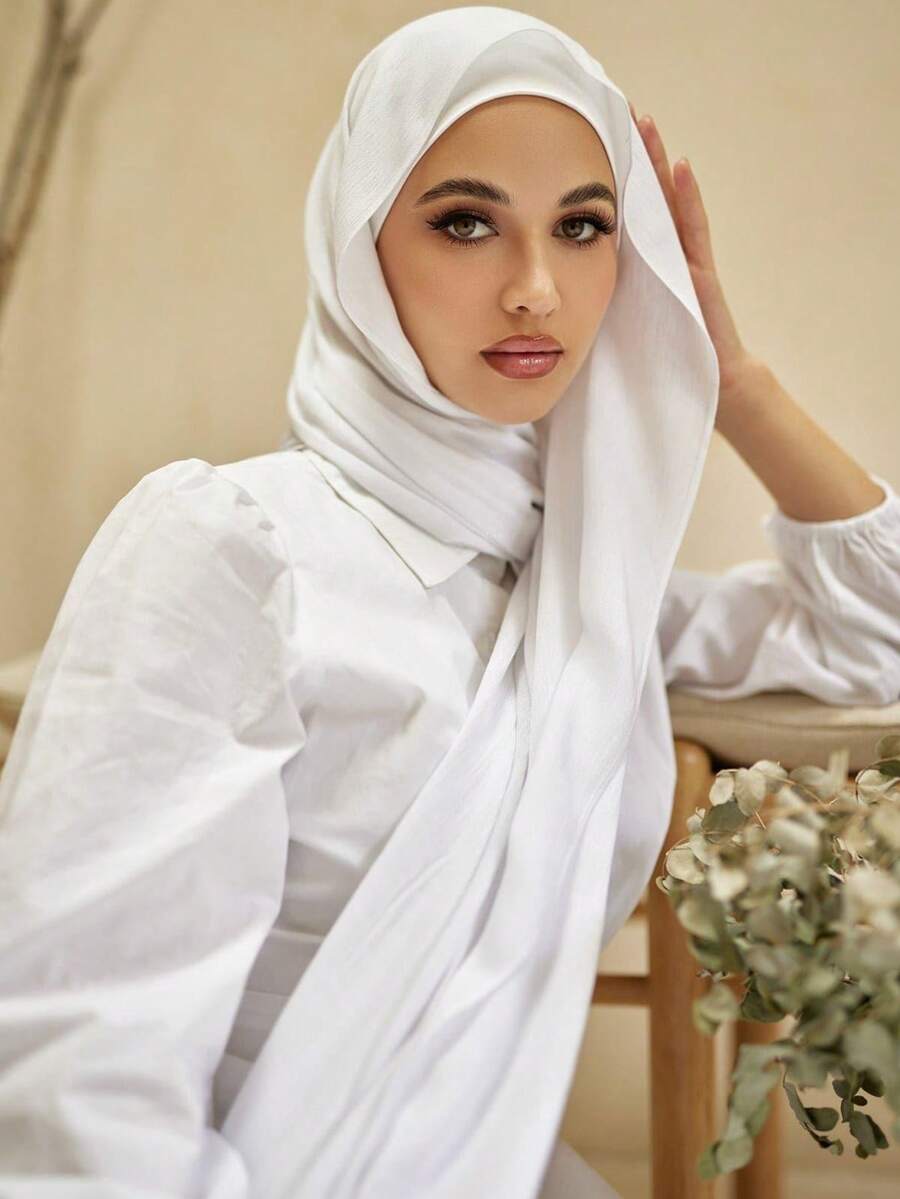 2 Pieces Set: 1pc Chiffon Solid Color Scarf, Lightweight & Breathable Chiffon Hijab + 1pc Solid Color Tube Head Wrap, Elegant Casual Set, Suitable For Everyday Wear - White - View 1