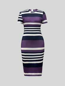 Vestido ajustado informal con rayas de contraste para el verano de las mujeres - Morado - Ver 3