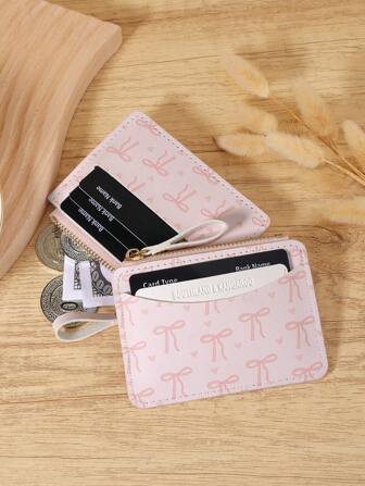Pink Bow Love Pattern Zipper Small Wallet Coin Pocket Small Purse Bifold Slim Women Wallet MiniThin,Lightweight,Multi Layer Portable,ID Card,Money Credit Card Minimalist,Fashion,Modern,Business,For Anniversary,For Birthday Gift,For Gift,For Girls,For Lady,For Female,Bag School Supplies For School Dorm Room & Back To School