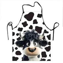 1pc Cartoon Cow Print Apron, Unisex Fun Kitchen Apron, 100% Polyester, Durable And Washable, For Cooking And Baking