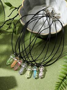 7pcs Multicolor Glow-In-The-Dark Resin Inlaid Star Hexagonal Column Pendant Necklace Set, Suitable As Valentine's Day, Friends, Daily Wear Gift