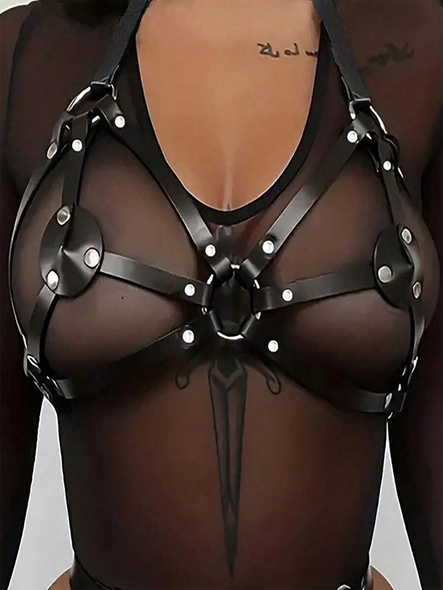 Gothic Handmade PU Leather Harness Belts Fashion Faux Leather Cage Vest Chest Sculpting Body Strap Waist Belt Cincher Harajuku - Black - View 1