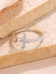 Nhẫn kim cương khảm hoa hồng và thánh giá bằng bạc Sterling 925, thời trang và sang trọng, thích hợp đeo hàng ngày, làm quà tặng sinh nhật - trắng - Xem 4