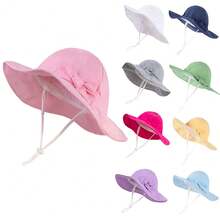 Sombrero de sol con decoración de lazo ajustable, adecuado para niños pequeños, niños, bebés y niñas - Gorro de lavabo ala grande con lazo en color liso - Ver 1