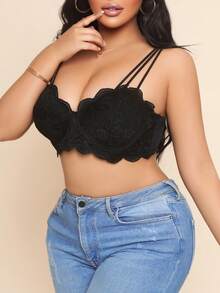 Plus Size Women Elegant Lace Embellish Wireless Bra With Adjustable Straps, Sexy Ultra-Thin Cup Bra - Black - View 4