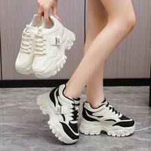 Women's Platform Chunky Sneakers, Color Block Casual Sports Shoes, Comfortable Non-Slip Lace-Up Fashion Chunky Sneakers, Short Girls' Height Increasing Platform Shoes - Black - View 2