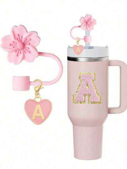 3pcs/Set Accessories Designed For 30/40oz Cups: 1pc Silicone Hibiscus Flower Straw Topper (Fit 1cm Straw Diameter), Letter Heart Pendant And Reusable Self-Adhesive Embroidered Letter Sticker - Suitable For 30/40oz Modern Minimalist Glass Cups And Car Cups, Great Gift For Friends And Family