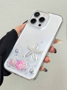 1pc Textured Transparent Starfish & Pink Shell 2-In-1 Resin Mobile Phone Case Compatible With IPhone 11 12 13 14 15 Pro Max Waterproof Shockproof Anti-Fall Scratch Resistant