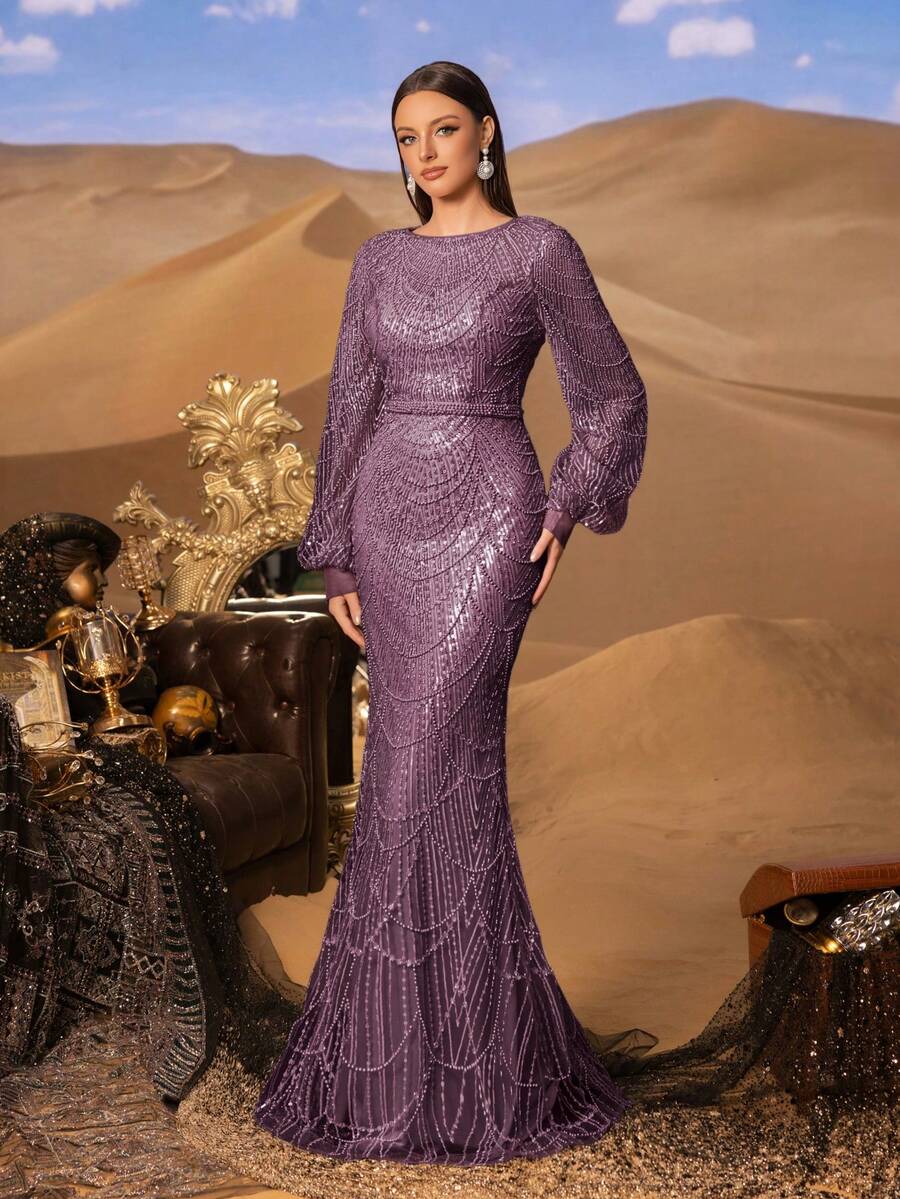 Faeriesty Haute Glamour Elegant Luxurious Sequined Mermaid Gown With Long Sleeves - Sparkling Crystal-Beaded Accents For Red Carpet Events, Celebrity Weddings, Gala Dinners, And Editorial-Ready Fashion Showouts - Màu tím - Xem 1