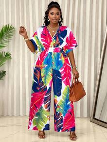 BIUBIU Plus Size V-Neck Leaf Print Loose Waist Jumpsuit, Random Floral Pattern - Hot Pink - View 5