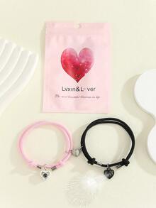 ATLVXJL 2pcs Glow In The Dark Couple Bracelets, Cute Projection Bead Inlaid Heart Shaped Black & Pink Pendant, Casual Everyday Wear, Couple Gift For Halloween, Valentine's Day - Multicolor - View 2