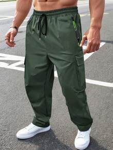 Men's Drawstring Elastic Waist Zipper Pocket Workout Pants, Outdoor Casual Loose Straight Leg Cargo Trousers, Spring & Autumn - 綠色 - 查看 2