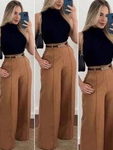 Women's Tailored Dress Pants With Belt Luxury Fashion 2025 Edition - 駝色 - 查看 1