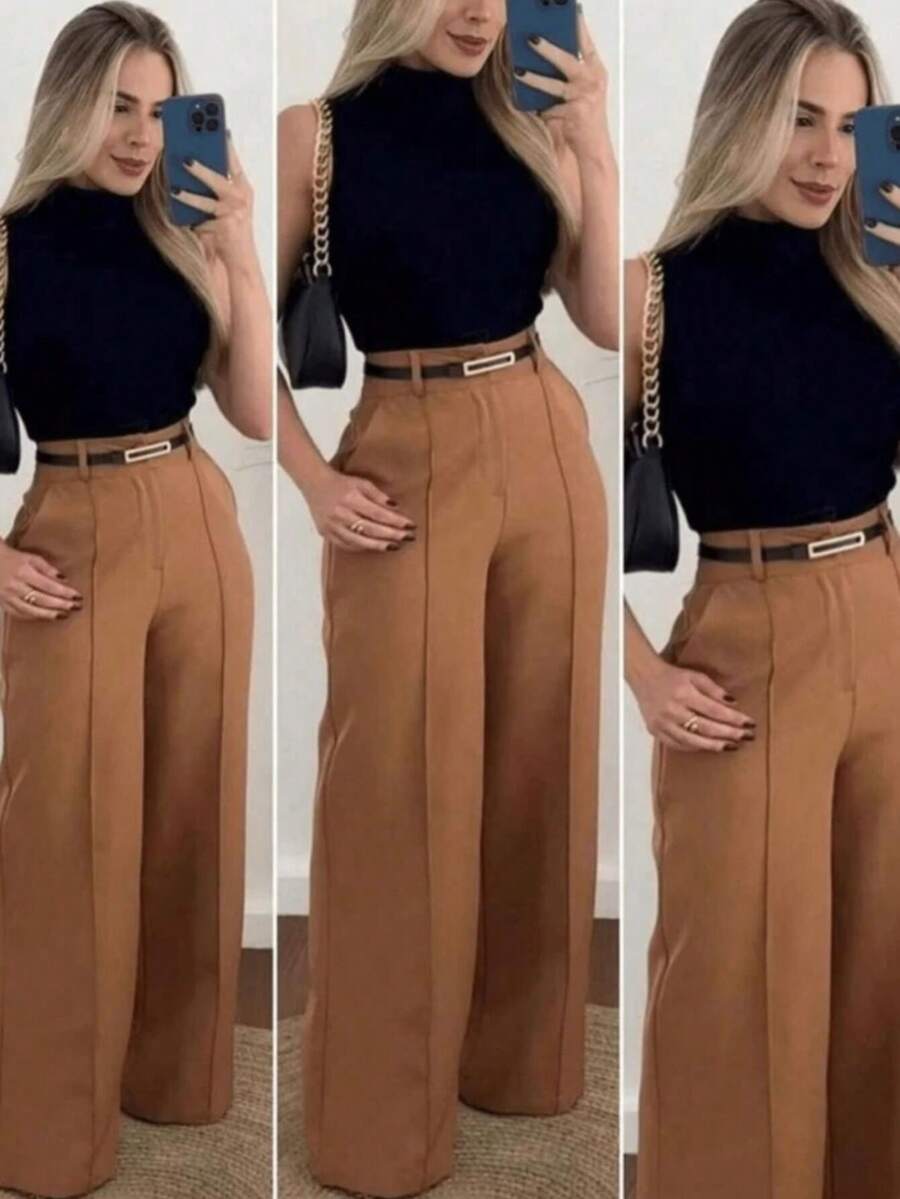 Women's Tailored Dress Pants With Belt Luxury Fashion 2025 Edition - 駝色 - 查看 1