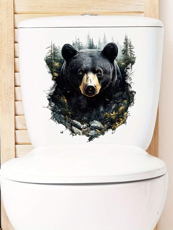 1pc Waterproof Black Bear & Forest Scene Vinyl Toilet Sticker - Easy-To-Apply, Durable Bathroom Decor With Nature-Inspired Design, Ideal For Toilet Seat & Home Decoration
