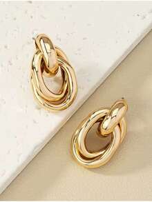 Pair Of Oval Organic Twisted Earrings Elegant Sophisticated Women Fashion Party Work Gift - 金色 - 查看 3
