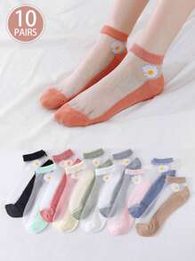 10 Pares (Cor Aleatória) Meias de Seda com Padrão Margarida Femininas Novas, Meias Casuais de Verão Transparentes e Respiráveis na Altura do Tornozelo, Fashionistas