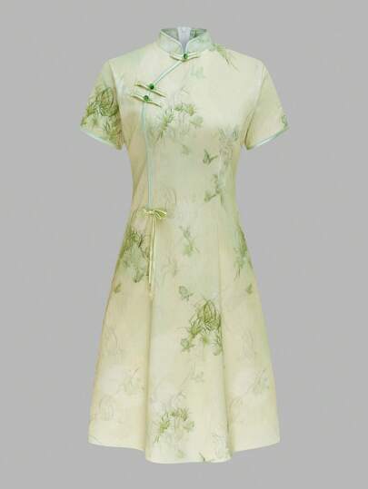 Plant Print New Chinese Style Waisted Cheongsam Dress