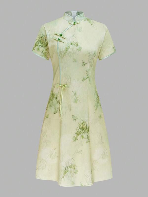Plant Print New Chinese Style Waisted Cheongsam Dress