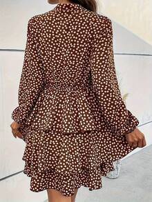 Elegant Ruffle Trim Long Sleeve Dress For Women - Brown - View 2