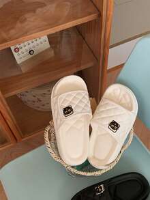 XIXITIAO 1 Pair Cute Black Cat Icon Couple Slippers, Soft Flat Casual Slippers, EVA Non-Slip Spring Summer Slippers, Multiple Colors Solid Classic Flat Slippers With Fashionable Black Cat Pattern, Suitable For Indoor And Outdoor Wear - White - View 11