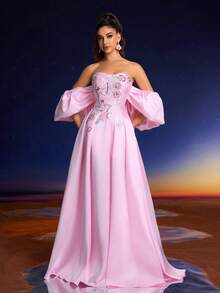 Anymoon Elegant Women's High Waist Formal Evening Gown With Bust Lace Sequins Floral Decor Suitable For Formal Dances, Parties And Wedding Even,Party Dress,Wedding Guest - Pink - View 1