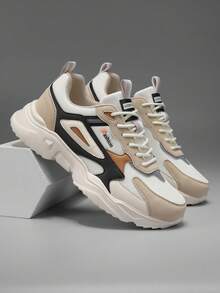 男士黑灰混合网眼设计舒适百搭跑步鞋，时尚黑色运动休闲运动鞋，适合户外穿着 - 米色 - 查看 5