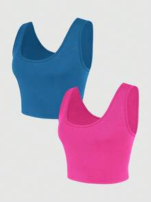 Conjunto de 2 piezas de top sin mangas de color rosa azul sólido, camiseta corta acanalada de verano versátil y casual para llevar por debajo