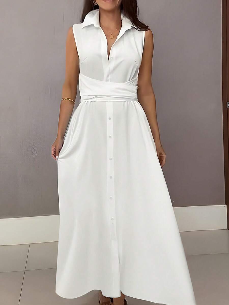Vestido casual y elegante de unicolor para mujer con decoración de nudo cruzado con botones, simple y versátil para uso diario, primavera/verano - Blanco - Ver 1