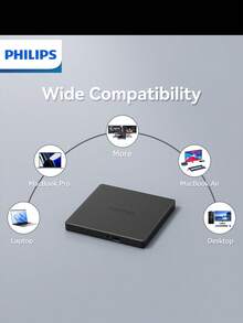 PHILIPS 飞利浦高性能外置光驱，高速读写稳定流畅，高速传输不卡顿，兼容性强，即插即用，轻薄机身，方便携带