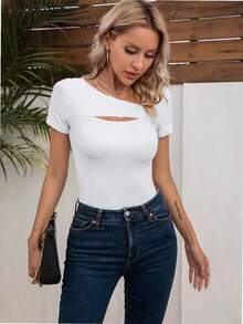 QUEENTI Women's Fashion Clothing Jumpsuit Skeleton Blouse Short Sleeve Slim Shirt T Shirt - 白色 - 查看 4