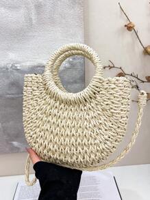 Sac en paille tressé de style simple Ins, en demi-cercle. Sac fourre-tout de plage fait main pour femmes, idéal pour les vacances