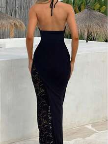 Semi-Sheer Lace Panel Maxi Dress without Belt